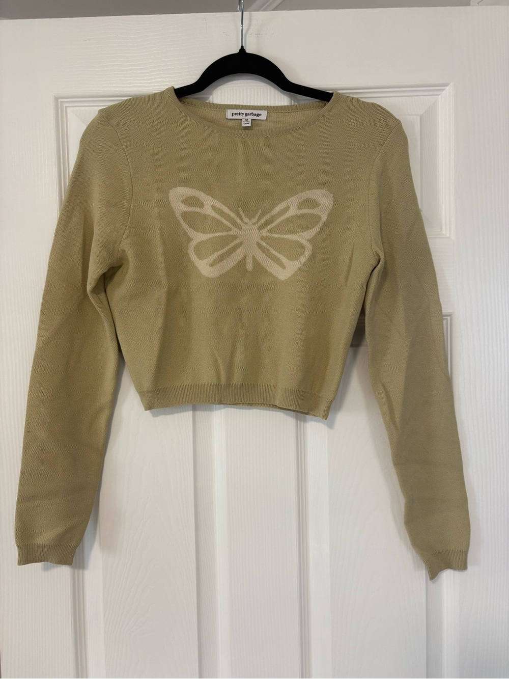 PrettyGarbage Olive Cropped Butterfly Knit Sweater